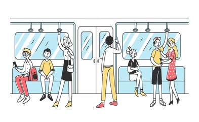 People using subway flat vector illustration. Men and women in public transport. City dwellers in metro, tube or underground train. Public transportation and rapid travelling concept.