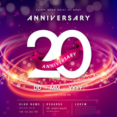 20 years anniversary logo template on purple Abstract futuristic space background. modern technology design celebrating numbers with Hi-tech network digital technology concept design elements.