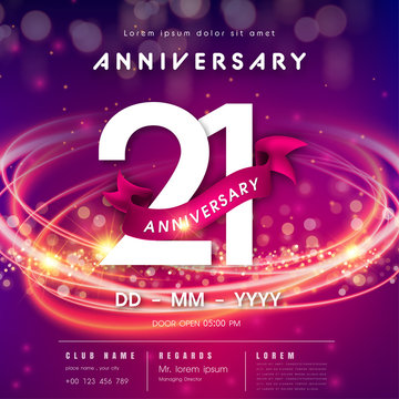 21 years anniversary logo template on purple Abstract futuristic space background. modern technology design celebrating numbers with Hi-tech network digital technology concept design elements.