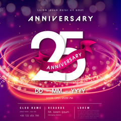 25 years anniversary logo template on purple Abstract futuristic space background. modern technology design celebrating numbers with Hi-tech network digital technology concept design elements.