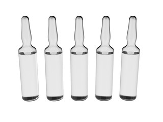 Glass ampoules isolated on white. Scattered ampoules with medicine. Medical ampoules close up.