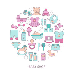 Concept of Baby shop with baby item icons.