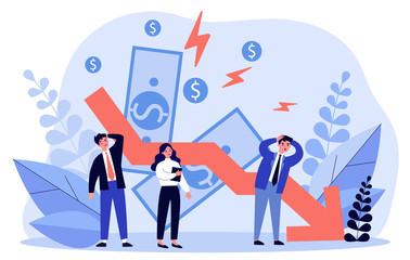 People facing financial crisis and loss. Business people upset about recession, economy problems. Vector illustration for bankruptcy, decrease, company failure, debt concept - obrazy, fototapety, plakaty