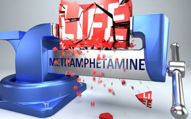 Methamphetamine can ruin and destruct life - symbolized by word Methamphetamine and a vice to show negative side of Methamphetamine, 3d illustration