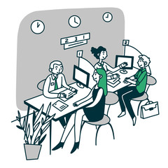 Bank consultant talking to customer. Client consulting employees at reception chart flat vector illustration. Office, service, business concept for banner, website design or landing web page