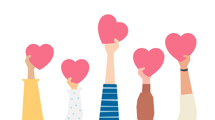 A group of people hold hearts in their hands. Valentines and congratulations on holidays. Expression of love.