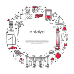 Obraz premium Modern vector illustration Antalya, Turkey. Famous Turkish landmarks and symbols in the round composition on white background. Trendy line elements in the circle frame. Travel and souvenir card design