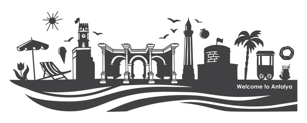 Obraz premium Ilustracja wektorowa Witamy w Antalyi. Poziomy baner ze słynnymi tureckimi zabytkami. Obraz panoramę z symbolami Turcji. Czarna sylwetka atrakcji miasta do projektowania podróży.