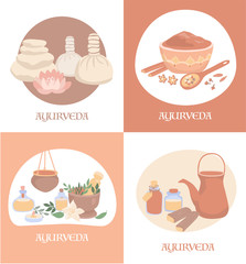 Set of vector illustrations with equipment for Ayurvedic massage and Shirodhara treatment. Hand drawn flat objects on different rectangular backgrounds. Ayurveda card, banner, poster or flier design.