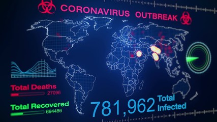 Video animation of a world map showing the outbreak of the coronavirus - with numbers of people infected - screen - Powered by Adobe