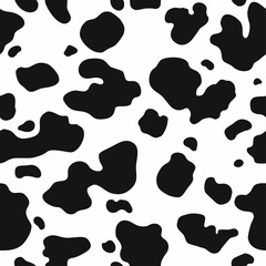 Plakat Cow skin texture, black and white spot repeated seamless pattern. Animal print dalmatian dog stains. Vector