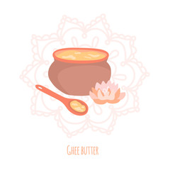 Ghee butter. Vector illustration of traditional Indian clarified dairy product. Clay pot, wooden spoon and a lotus flower. Mehndi ornament background. Healthy eating and Culinary theme.