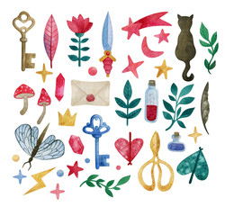 Watercolor set with magic witchy stuff. Hand drawn colorful icons, magician, alchemy, occult elements. Keys, cat, butterfly, knife, potion, stars, herbs, crystal for sticker, decoration, invitation
