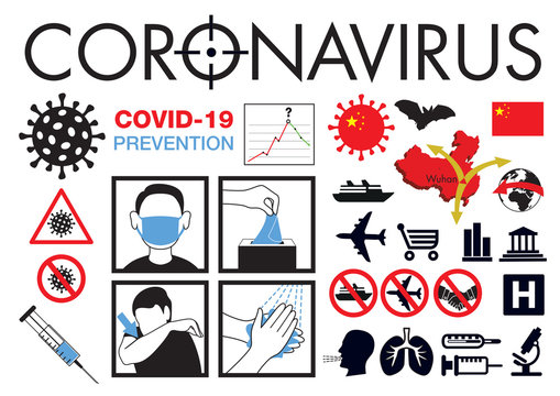 Pictogrammes pour illustrer la lutte contre la propagation de l’épidémie de Coronavirus qui est partie de Chine avant de contaminer l’ensemble de la population mondiale.