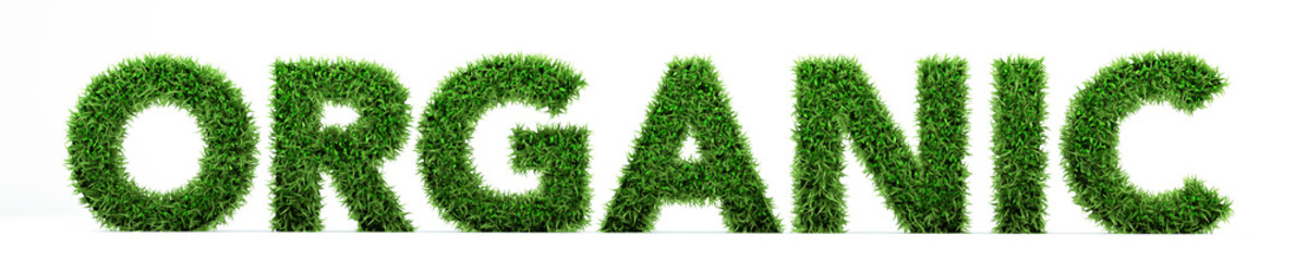 Organic off Grass. Letter of grass. 3d render. Isolated on white back ground.