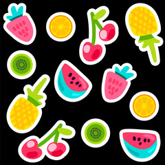 Fruits doodle color stickers set.