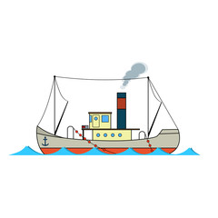 Old fishing steamboat in cartoon style on white background.