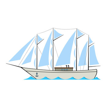 Retro sailing ship in cartoon style on white background.