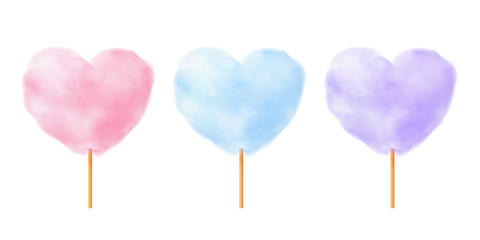 Heart shape cotton candy set. Realistic pink blue purple heart shape cotton candies on wooden sticks. Summer tasty snack for children. 3d vector realistic illustration isolated on white background