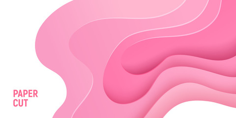 Pink paper cut banner with 3D slime abstract background and pink waves layers. Abstract layout design for brochure and flyer. Paper art vector illustration