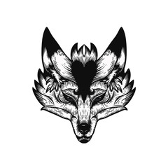 Wolf tattoo vector illustration. hand drawn line art in gravure style. clip art for graphic design. forest creature, animal drawing.
