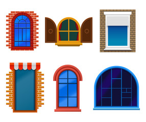 Flat windows set, wooden, plastic, modern and old