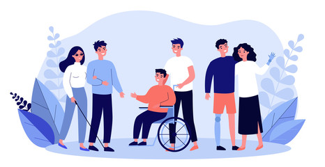 Volunteers helping disabled people. Group of men and women with special needs, on wheelchair, with prosthesis. Vector illustration for support, diversity, disability, lifestyle concept