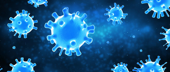  coronavirus COVID-2019 on a blue futuristic background. Deadly type of virus 2019-nCoV. 3D models of coronavirus bacteria.
