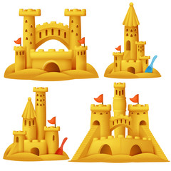 Sand castle cartoon set. Beach sculpture buildings.