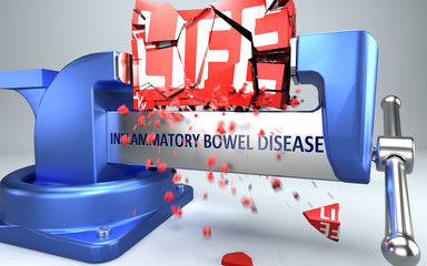 Inflammatory bowel disease can ruin and destruct life - symbolized by word Inflammatory bowel disease and a vice to show negative side of Inflammatory bowel disease, 3d illustration