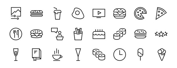   A simple set of fast food icons related to the vector line. Contains icons such as pizza, burger, sushi, bike, scrambled eggs and more. EDITABLE stroke. 480x480 pixels perfect, EPS 10