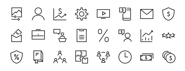 Set of business vector line icons. It contains user symbols, dollar pictograms, gears, briefcase, puzzles, envelope, percentage, messages, schedule, and more. Editable Bar. 460x460 pixels.