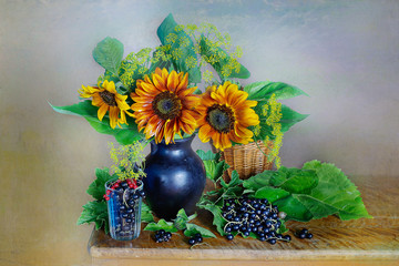 Beautiful bouquet of sunflowers in a vase and black currant berries. Still life with flowers and berries.