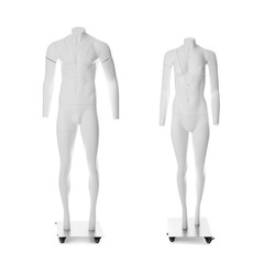 Set of ghost headless mannequins with removable pieces on white background - obrazy, fototapety, plakaty