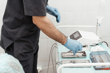 Dentist tools. Dentist workplace equipment set. Health and medicine. Close-up