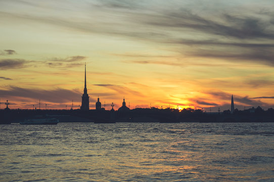 Silhouette of Peter and Paul Fortress in Saint Petersburg at sunset