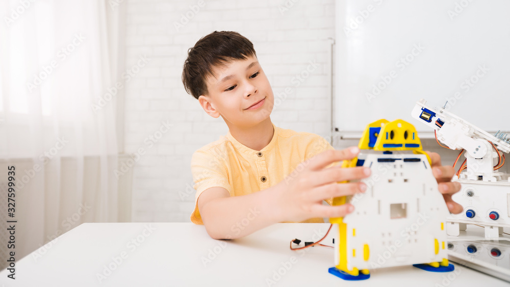 Poster innovation concept. little technician constructing diy robot