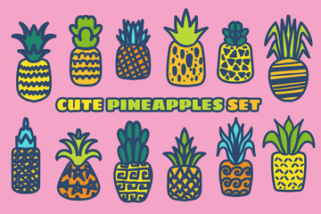 Ripe pineapple hand drawn vector illustrations set