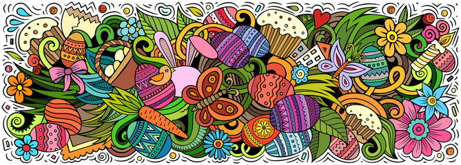 Fototapeta premium Happy Easter hand drawn cartoon doodles illustration.