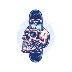 Skateboard through skull, hand drawn line with digital color, vector illustration