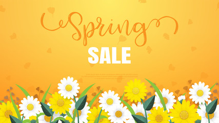 Spring sale template with shasta disy on orange background.illustration banner for advertising and web sites.
