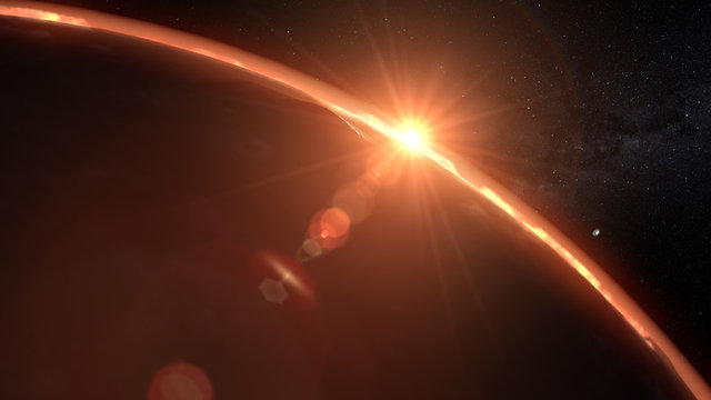 Mars planet sunset sunrise in the space 3d illustration