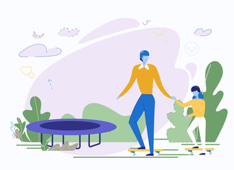 Cartoon Happy Father and Daughter Doing Sport in Park. Man and Girl Skateboarding Outdoors. Prepared Trampoline for Jumping. Active Recreation and Rest. Healthy Lifestyle. Vector Flat Illustration