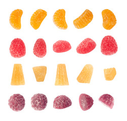 Set of top and side views of assorted fruit jelly slices or marmalade isolated on white background