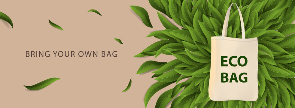 Pollution problem concept. Say no to plastic bags, bring your own textile bag. Vector illustration.