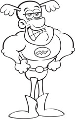Black and white illustration of a smiling, superhero in a costume.