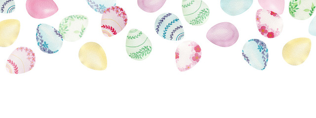 Easter banner design with falling eggs, watercolor decoration for Easter holidays, cute colorful simple and floral Easter eggs