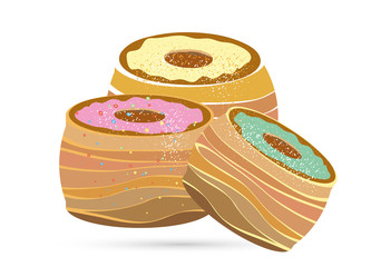 Drei Cronuts mit pastellfarbigen Glasuren