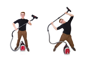 Funny man with vacuum cleaner on white