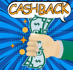 Cash Back sticker with gold coins Isolated on comic book background. Flat vector illustration EPS10